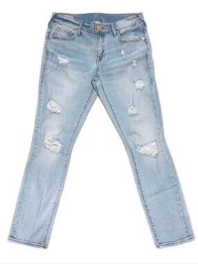 True Religion Cameron Slim Boyfriend Jeans Faded Light Wash Distressed Denim